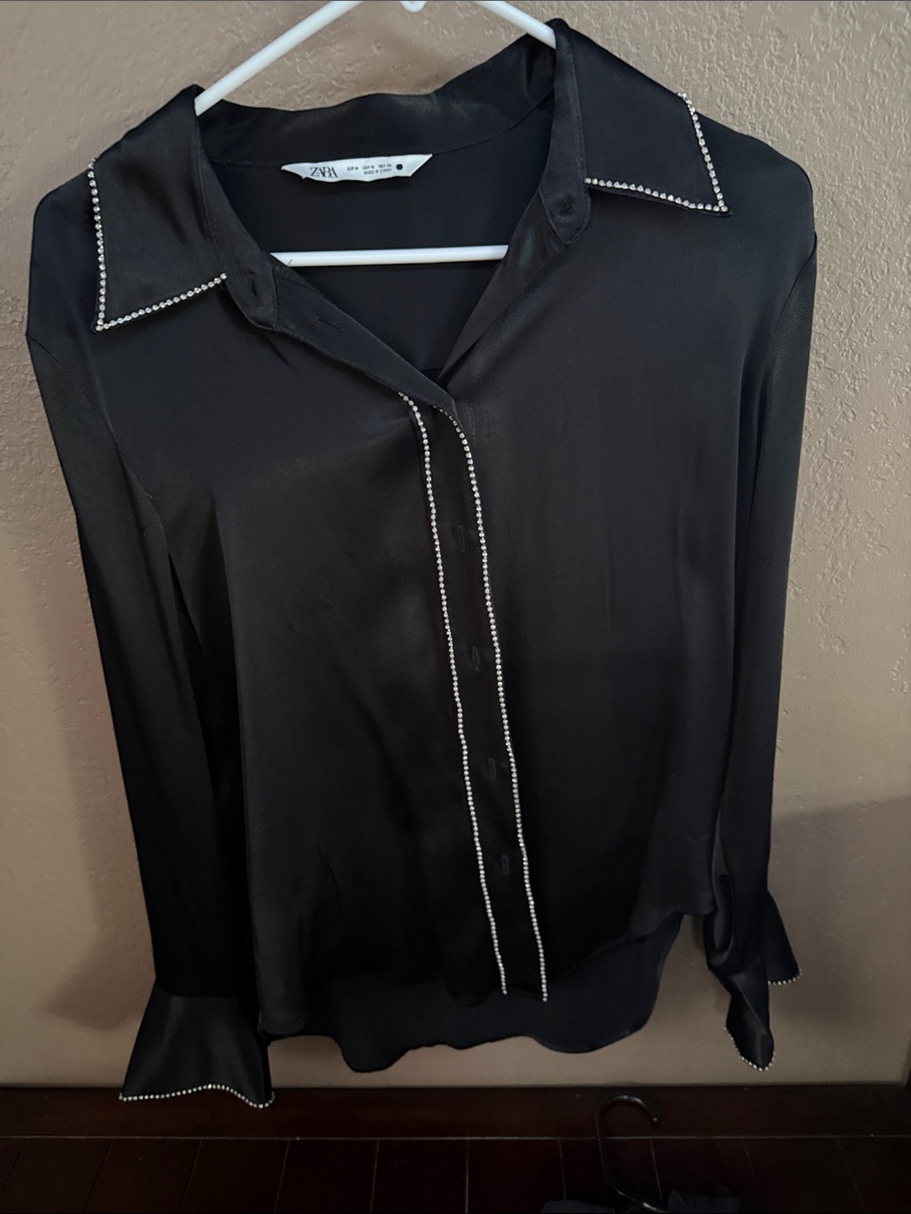 Zara Black Satin Button-Down Blouse with Rhinestone Trim